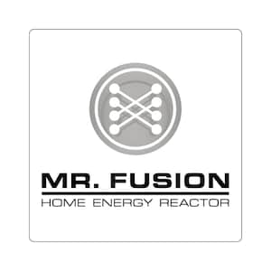 May include: A white square sticker with a grey circular emblem of intersecting lines and dots. The text "MR. FUSION" is above "HOME ENERGY REACTOR" in a bold, sans-serif font, all in black, beneath the emblem.