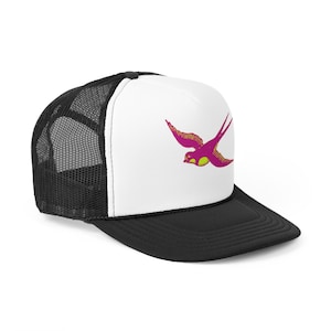 May include: A black and white trucker hat with a pink and yellow swallow design on the front.