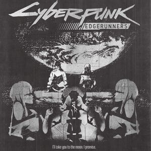 Black poster with a cyberpunk edgerunner design, featuring a vintage grunge aesthetic. The shirt showcases a dystopian cityscape in neon colors, overlaid with glitchy digital elements and worn textures, evoking a gritty, futuristic vibe.