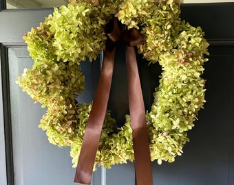 Handmade Wreath: Real Dried Limelight Hydrangeas, Chartreuse Green, Autumn Blush