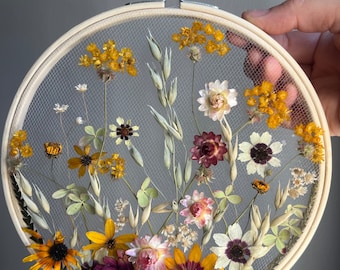 The Zinnia  - Botanical Embroidery Hoop - dried flowers wall art decor