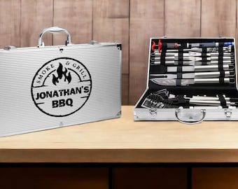 Personalized BBQ Grill Utensil Tools Set - 34-Piece Steel Barbecue Grilling Accessories with Case - Custom BBQ Grill Kit for Dad - Dad Gift