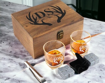 Personalized Whiskey Glass Set With Wooden box Set - Whiskey Gift Set - Custom Whiskey Glass Set -Fathers Day Gift- Whiskey Stones Gift Set