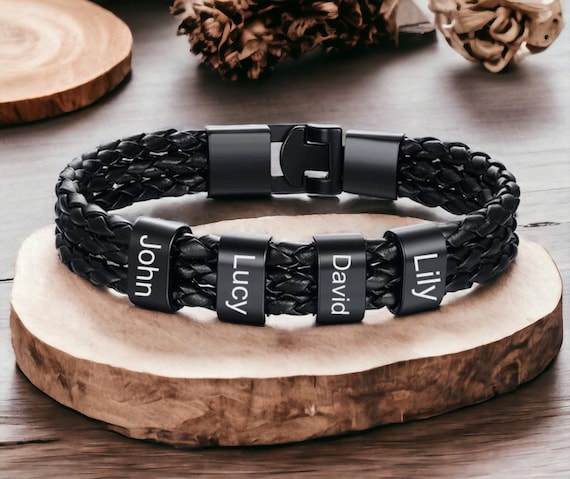 Personalized Men Bracelet With Beads Dad Leather Bracelet Father s Day Gift Family Name Bracelet Husband Gift Bracelet With Names Etsy
