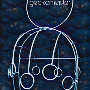 May include: A white metal mobile with multiple rings hanging from a larger ring. The mobile is suspended from a circular frame with the word "geckomeister" written on it. The background is a dark blue with a pattern of white circles.