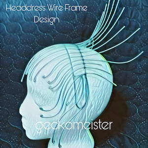 May include: A white wire frame headpiece with a wave-like design. The headpiece is on a white mannequin head. The text "Custom Wave-Style Headress Wire Frame Design" is at the top of the image. The text "geckomeister" is at the bottom of the image.