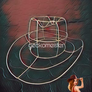 May include: A wireframe cowboy hat in a white metal finish. The hat is set against a dark, textured background with the word "geckomeister" in white script. A woman in a red dress and a brown hat is in the lower right corner.