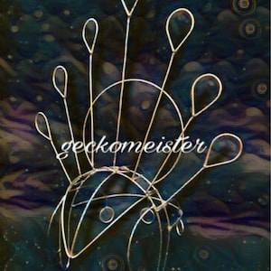 May include: A gold wire sculpture of a crown with seven points, set against a dark blue background with swirling patterns.