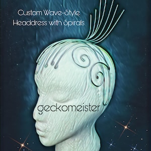 May include: A white mannequin head with a silver wire headpiece featuring a wave-style design with spirals. The text "Custom Wave-Style Headress with Spirals" and "geckomeister" are visible on the image. The background is a dark blue with white stars.