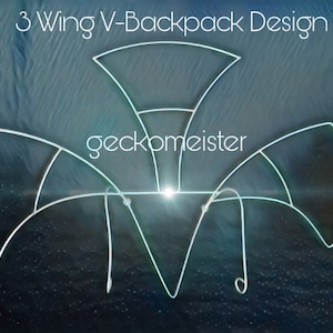 以下が含まれることがあります： 3つの翼を持つ構造の、白いワイヤーフレームバックパックのデザイン。「3 Wing V-Backpack Design」と「geckomeister」の文字が白で表示されています。デザインは青と黒のグラデーションの背景に配置されています。