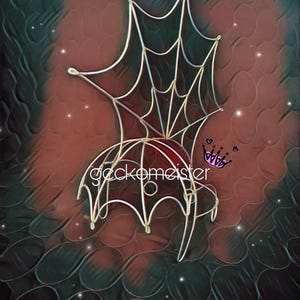 May include: A decorative metal spiderweb design with the text "geckomeister" and a small crown. The design is white and sits on a red and black background with a quilted pattern. The image has a whimsical, artistic style.