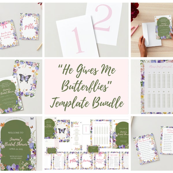 He Gives Me Butterflies Bridal Shower, Butterfly Party Theme Template Bundle - invitation, recipe card, menu, games + more!