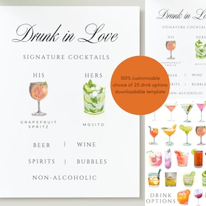 Bar Sign with Signature Drinks | Drunk in Love Sign | Bar Sign for Weddings + Events | Digital Template