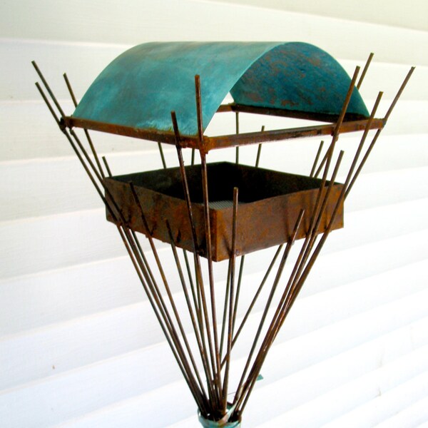 Sculptural Steel & Copper Bird Feeder No. 340 - Freestanding unique modern birdfeeder