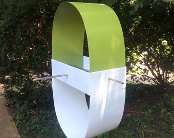 Modern Pill shaped Bird Feeder in Eden Green and White Enamel