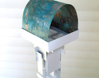 Bird Feeder Modern Build series No. 18 in welded steel with white enamel finish and copper roof