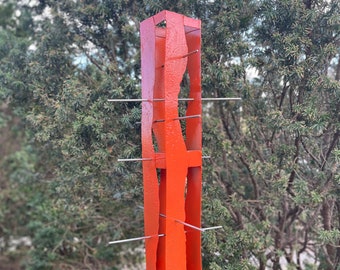 Sculptural Modern Bird Feeder #423 in Welded Steel and Stainless Steel with Orange spray enamel finish