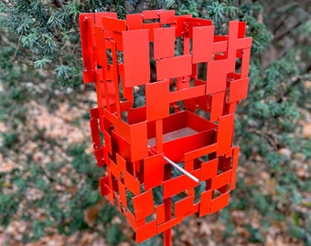 Abstract Modern Bird Feeder in Paprika Red - Welded Steel and aluminum - "Birdle" series #3 - Freestanding unique modern garden art