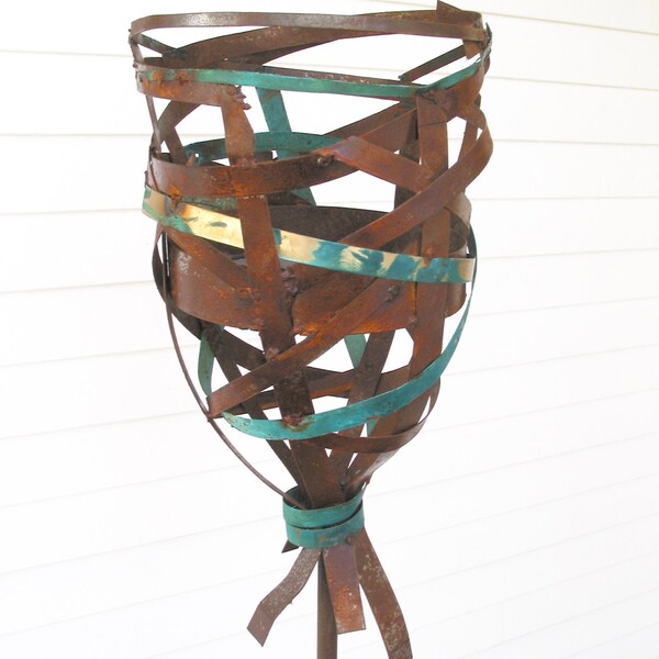 Modern Bird Feeder Sculpture No. 298 in welded steel and copper with natural turquoise and rust patina