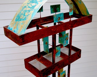 Welded Steel and Copper Bird feeder No. 374 - Freestanding artistic modern garden art
