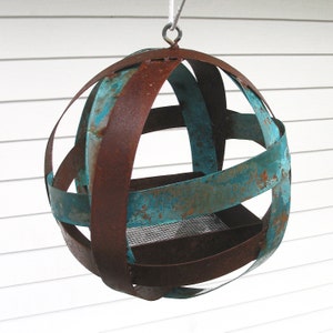 Globe Hanging Bird Feeder - in Welded Steel and Turquoise patina Copper