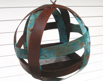 Globe Hanging Bird Feeder - in Welded Steel and Turquoise patina Copper