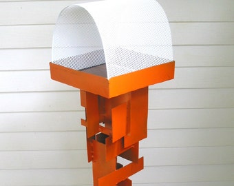 Modern Build series bird feeder No. 16 in welded steel with orange enamel finish and white enamel steel roof