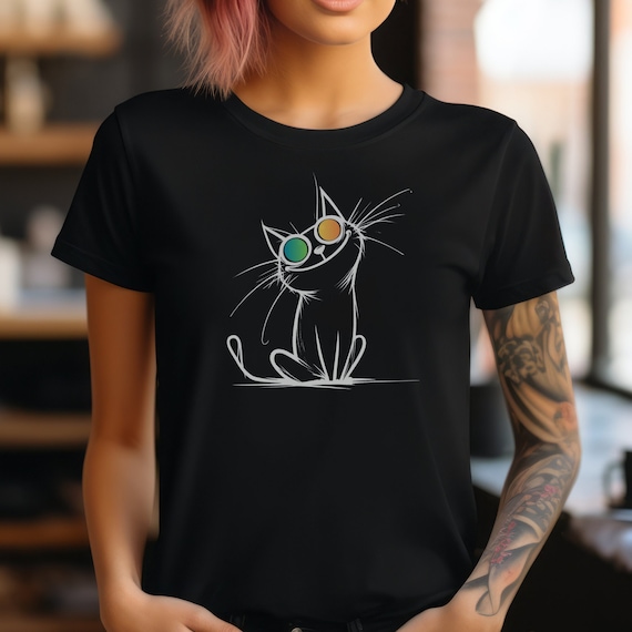 T-Shirt with Stylish Cat Design / Stylish Cat Shirt / Stylish Cat Short Sleeve Tee / Artistic Cat Shirt / Cute Cat Shirt / Funny Cat Shirt