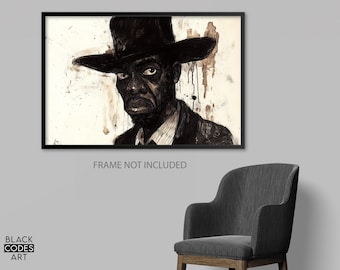 May include: A black and white drawing of a person wearing a wide-brimmed hat and a suit. The drawing is on a white background with brown splatter paint.