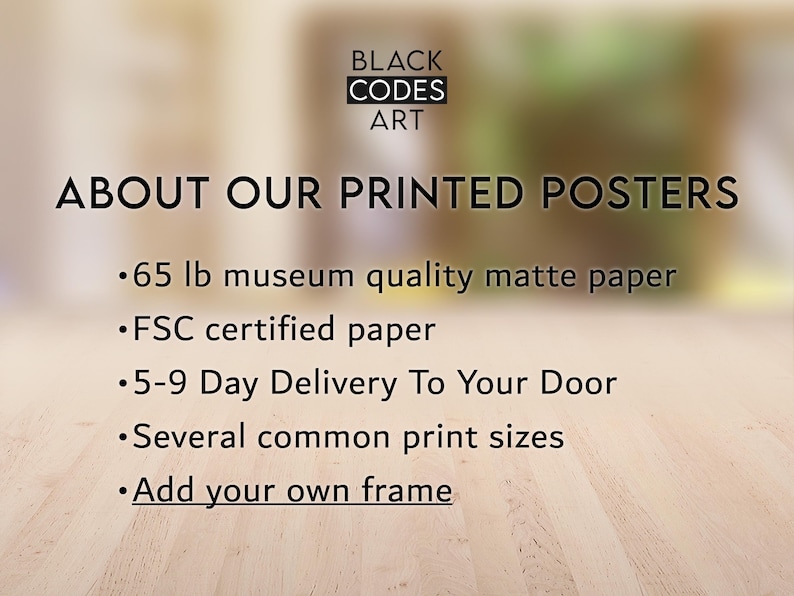 May include: Text on a wooden surface that reads "ABOUT OUR PRINTED POSTERS" and lists the following features: 65 lb museum quality matte paper, FSC certified paper, 5-9 Day Delivery To Your Door, Several common print sizes, Add your own frame.