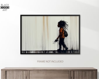 May include: Black and white painting of a young person with dreadlocks walking down a street. The person is wearing an orange shirt and carrying a bag. The background is a white wall with black lines.