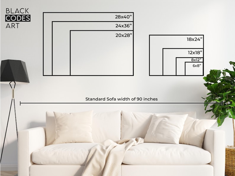 May include: A diagram showing different sizes of canvas prints, ranging from 6x8 inches to 28x40 inches. The text "Standard Sofa width of 90 inches" is below the diagram.