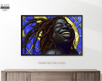 May include: A framed art print featuring a smiling person with dark skin and brown dreadlocks. The background is a stained-glass style design with blue and gold colors. The text "BLACK CODES ART" is in the upper left corner.