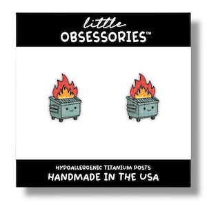 Dumpster fire stud earrings, quirky studs, fun studs, emotional studs, funny dumpster earrings, comical studs