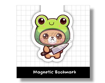 Kawaii Bear Magnetic Bookmark, book lovers gift, bookish accessories, kawaii bookmark, planner accessories, teacher gift, library, frog hat