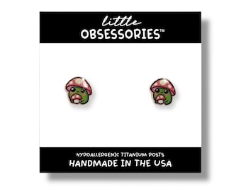 Mushroom Frog studs, kids, studs, earrings, cute, tiny, gifts, summer earrings, frog earrings, mushroom studs, dainty