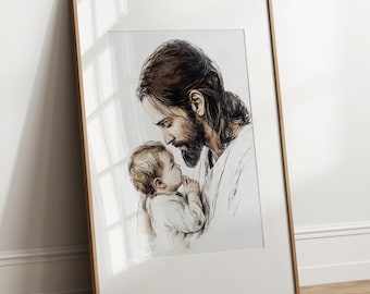 Printable Christian Wall Art - Jesus Holding a Baby - Portrait of Jesus and Baby, Christian Nursery Art, LDS Print, Catholic Wall Art