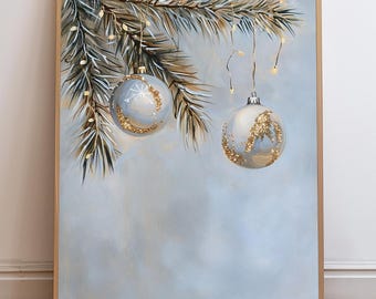 Elegant Blue and Gold Christmas Ornaments Printable Wall Art, Sophisticated Holiday Decor, Festive Instant Download, DIY Home Decor