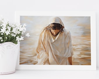 Jesus Christ on Water, Christian Art, Digital Jesus Portrait, I Will Walk With Christ LDS, Jesus Oil Painting, Bible Verse Wall Art