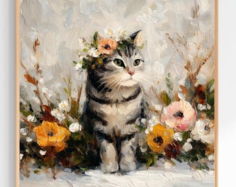 Cat Wall Art Printable, Tabby Kitten Floral Wall Decor, Boho Animal Print, Anthropologie Inspired Pet Portrait, Square Digital Download