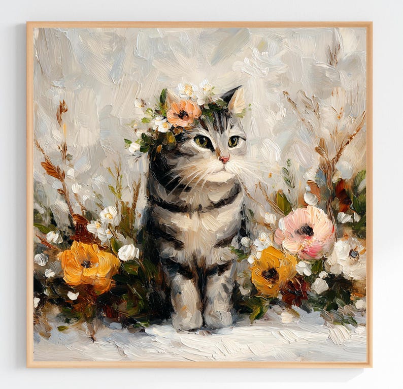 Puede incluir: Pintura enmarcada de un gato atigrado gris con una corona floral, rodeado de flores coloridas. La obra de arte tiene un estilo pict&oacute;rico texturizado, un fondo claro y un marco de madera. El gato es el punto focal.