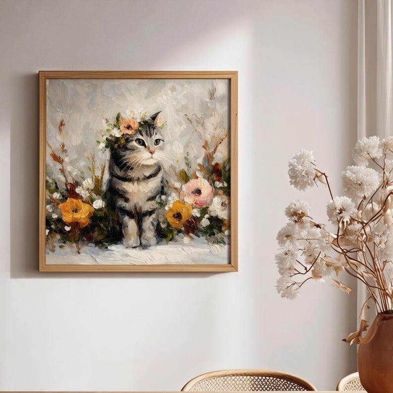 Puede incluir: Obra de arte enmarcada que presenta un gato atigrado con una corona floral, rodeado de flores coloridas. La pintura tiene un estilo suave e impresionista con una paleta de colores claros. El gato es el punto focal, sentado.