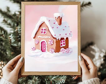 Printable Pink Gingerbread House Wall Art, Christmas Digital Download, Instant Download Art, Pink Christmas Print, Modern Fun Holiday Decor