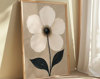 Japandi Floral Wall Art Printable, Modern Minimalist Single Flower Print, Neutral Beige Black Cream Botanical Poster, Organic Anemone Art