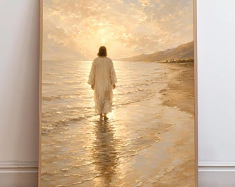 Jesus Walking on Water Printable Wall Art, Christian Coastal Wall Decor, Neutral Beige Faith Print, Religious Ocean Landscape, Minimalist