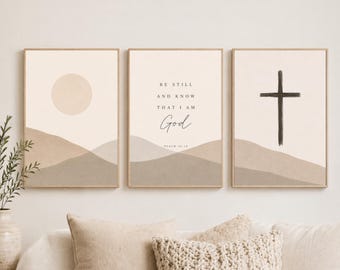 Be Still and Know Printable Wall Art Set of 3, Christian Wall Art Triptych, Modern Scripture Wall Decor, Beige Minimalist Psalm 46:10 Print