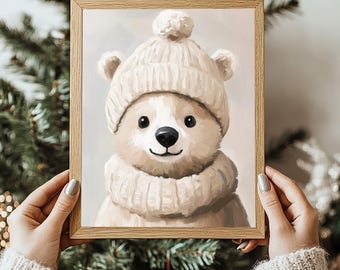 Beige Bear Christmas Wall Art Printable, Neutral Holiday Decor, Cute Christmas Nursery Art, Instant Download, Modern Fun Holiday Art Print