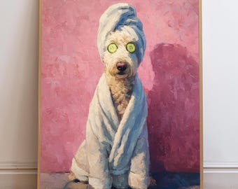 Golden Doodle Wall Art Printable, Funny Dog Bathroom Wall Decor, Pink Spa Art Print, Golden Doodle Pet Portrait, Vertical Digital Download