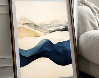 Blue and Beige Watercolor Abstract Mountain Printable Art - Modern Minimalist Contemporary Wall Art - Instant Digital Download, DIY Print