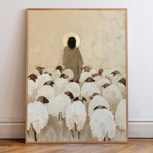 Jesús deja a los 99, Parábola de la oveja perdida, Arte mural de Jesús, El Buen Pastor, Pintura de Jesucristo, Arte mural de las Escrituras, Regalo cristiano